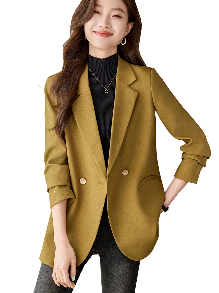 Jaqueta casual monocromática de manga comprida feminina, blazer feminino, amarelo, preto, damasco, fêmea, outono, inverno