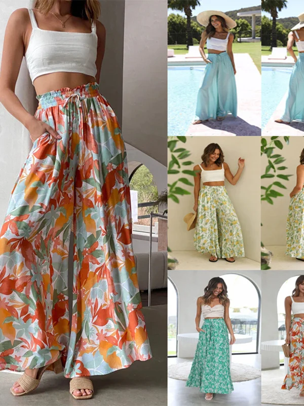 

Свободные длинные брюки с цветочным принтом и высокой талией, уличные брюки из полиэфирного волокна, тонкая модель, летняя коллекция, повседневные брюки