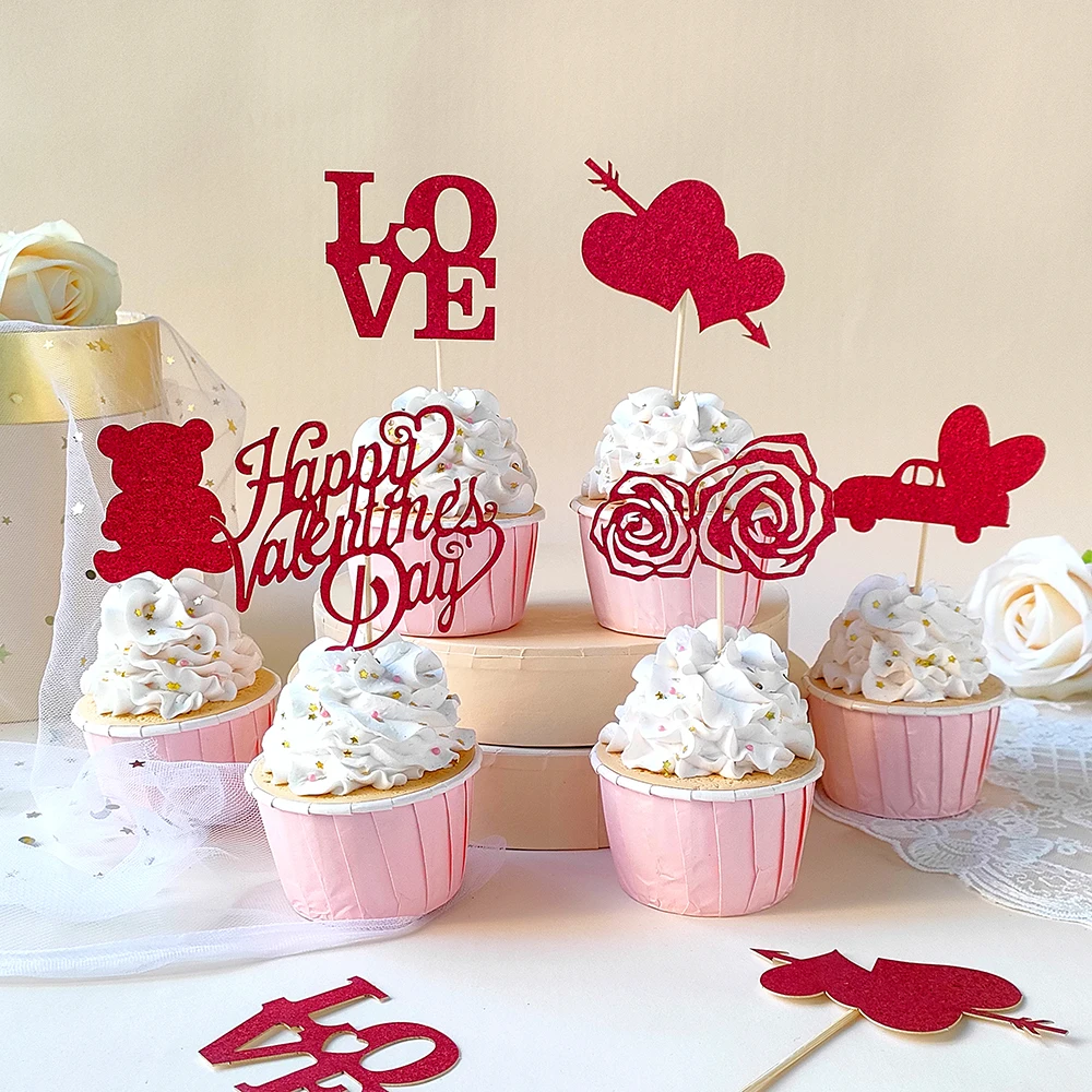 

12pcs Red Glitter Heart Cupcake Decoration Rose Bear LOVE Cake Topper Valentine's Day Wedding Anniversary Birthday Party Decor