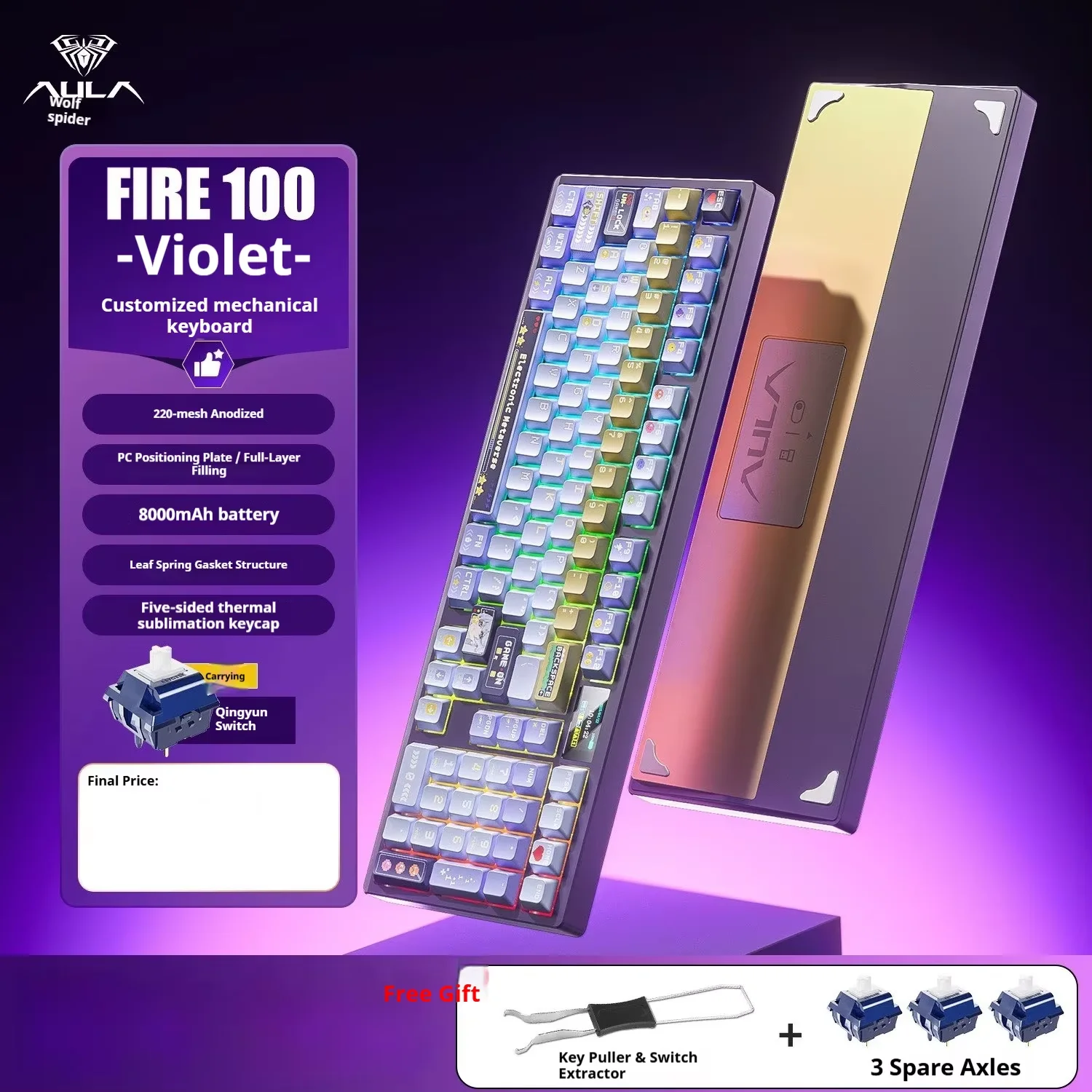 

AULA Fire100 Mechanical Keyboard 3Mode Aluminum Block Gaming Keyboard Gasket RGB Gamer Accessory Hot Swap FC High-Profile Keycap
