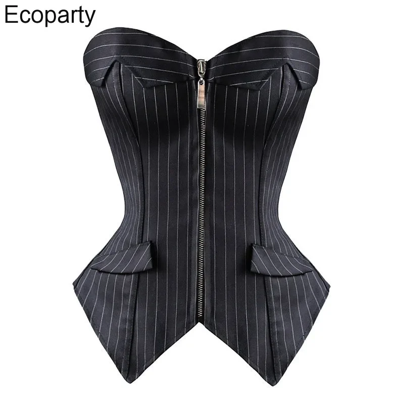 2022 New Women Sexy Black Striped Corset Office Lady Strapless Zip Design Bandage Shapewear Female Fashion Slim Corset Tops