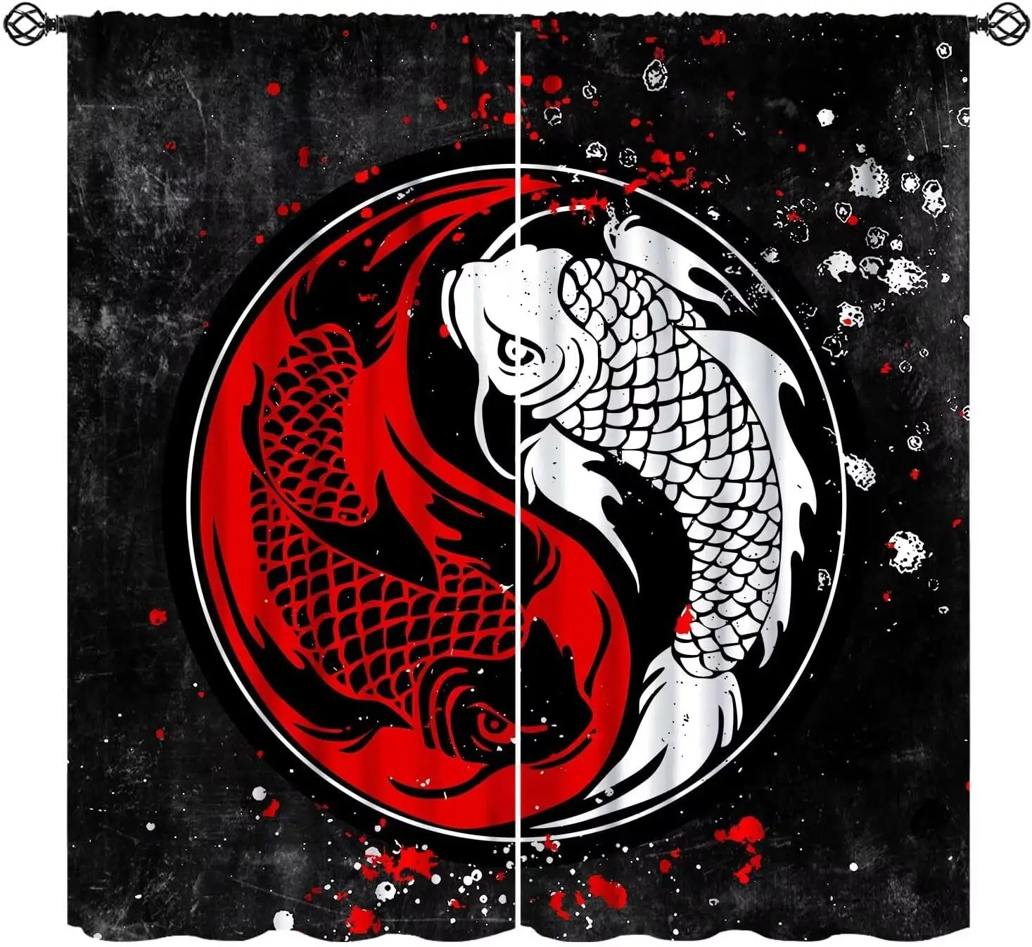 Japanese Yin Yang Koi Fish Rod Pocket Curtain Cherry Blossom Wave Red Sun Print Polyester Drapes Bedroom Living Room Window Home
