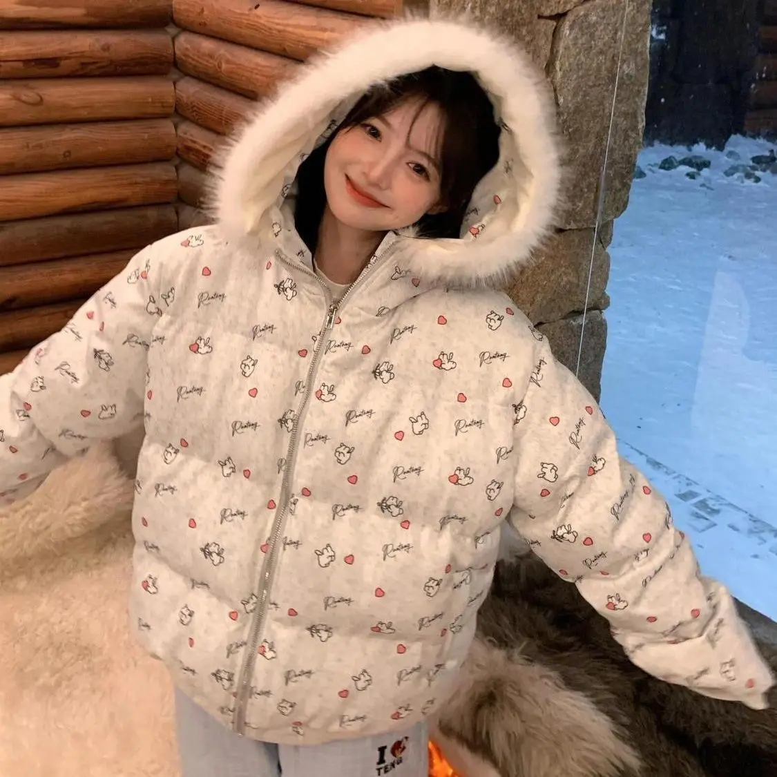 

Kawaii Y2K парки с капюшоном и длинными рукавами, пальто с воротником из искусственного меха, женская повседневная милая толстовка с мультяшным принтом, шикарная уличная одежда для девочек