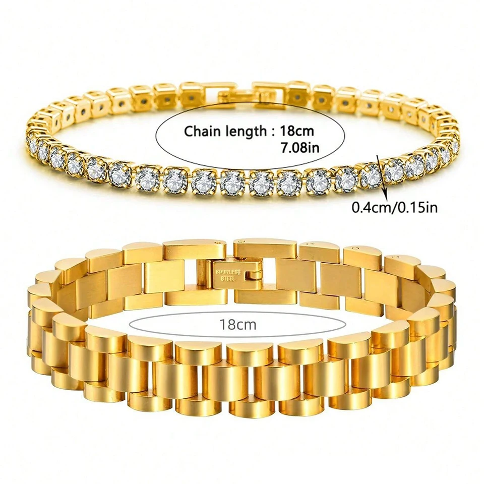 2pcs Vintage 18K Gold Plated Stainless Steel Bracelet Watch Band With Zircon Bangle Waterproof Daily Wear For Women image 2