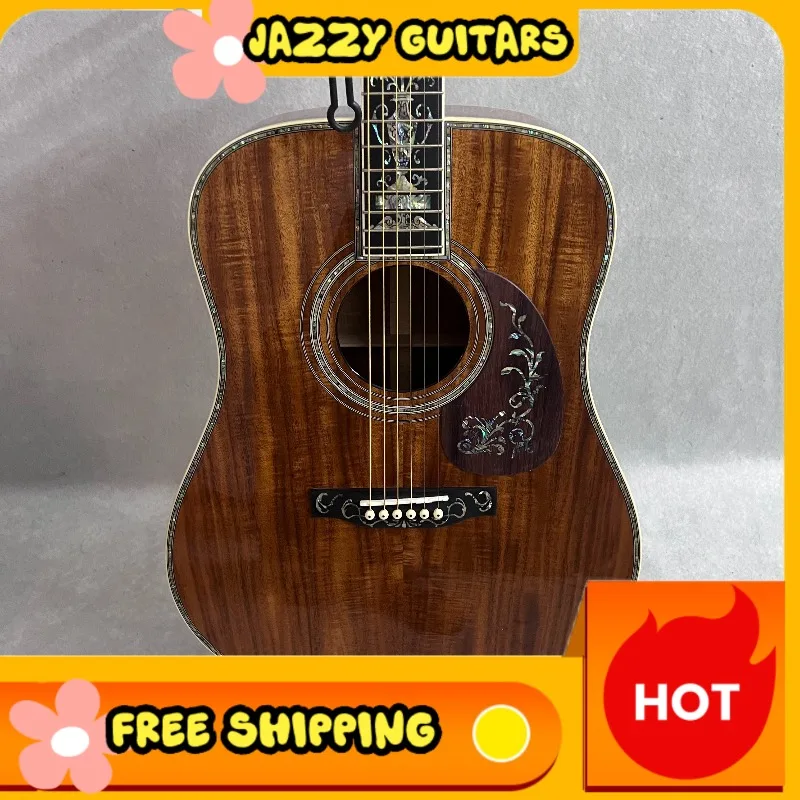 Dark Brown Wood Grain Dreadnought Acoustic Guitar D45 Style Gorgeous Abalone Shell Inlay Pickguard Rosette Warm Rich Tone Stage