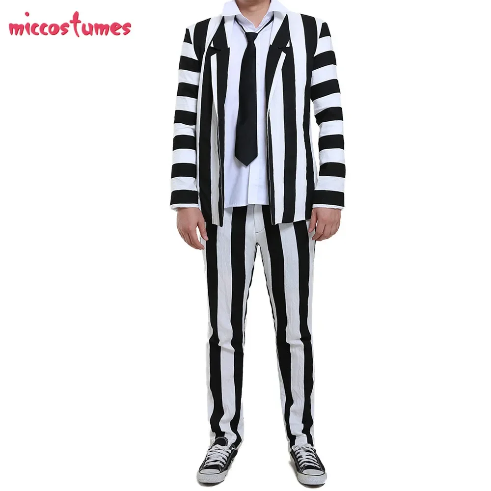 Miccostumes Male Black and White Vertical Stripes Jacket Suit Costume with Tie Halloween Cosplay Costume