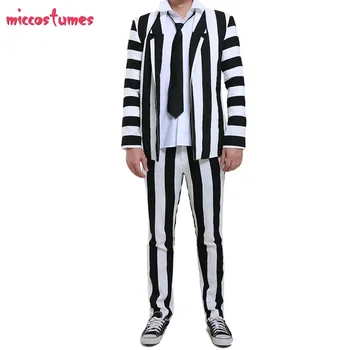 Miccostumes Costume da uomo in bianco e nero a righe verticali con cravatta Costume Cosplay di Halloween