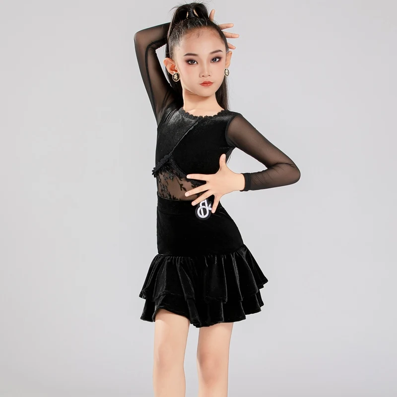 

Kids Rumba Chacha Dance Practice Suit Girls Latin Dance Dress Long Sleeves Pink Black Dress Performance Clothes