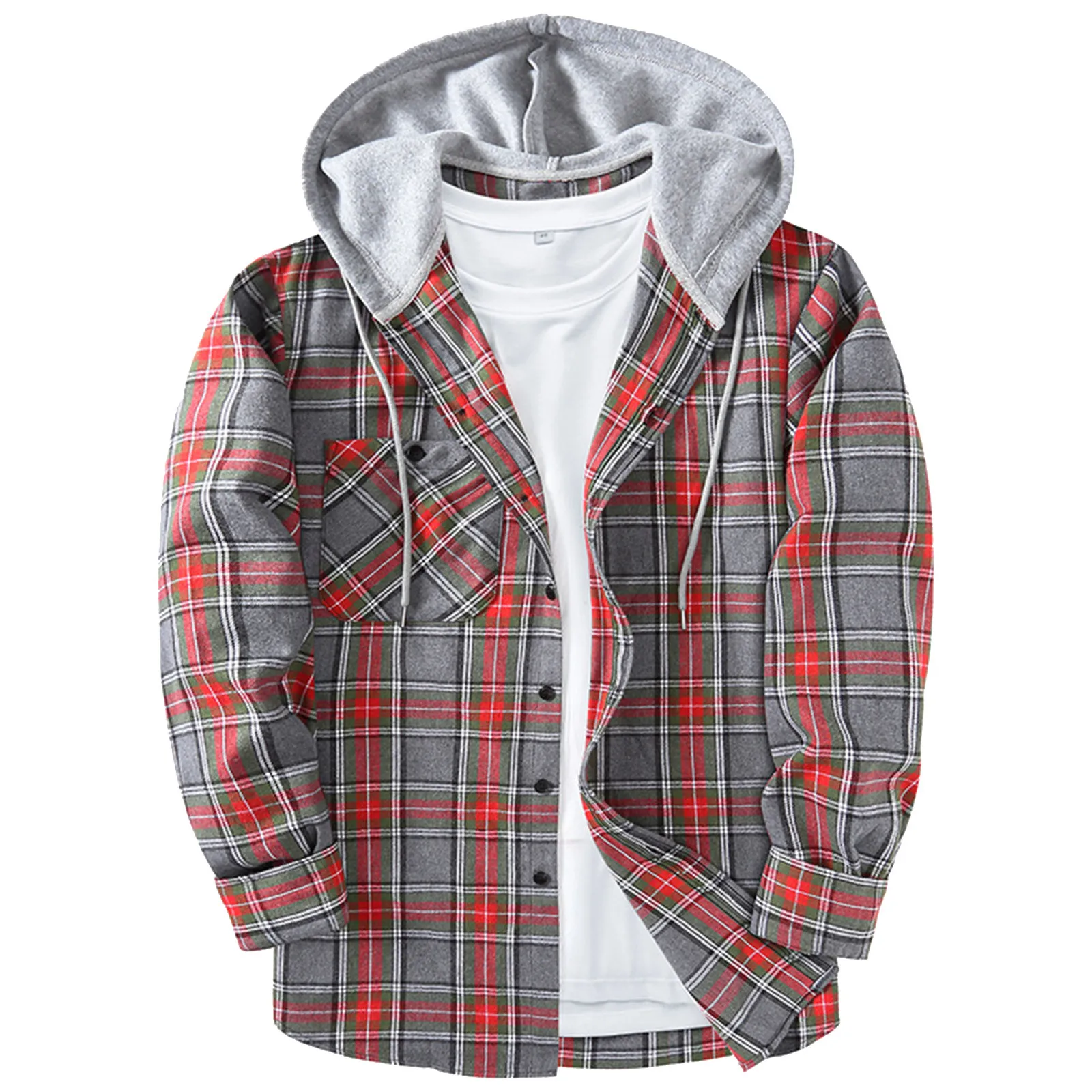 Men Casual Red Plaid Print Flannel Shirt Hooded Oversized Casual Shirt Men\'S Clothes European American Style Handsome Holiday