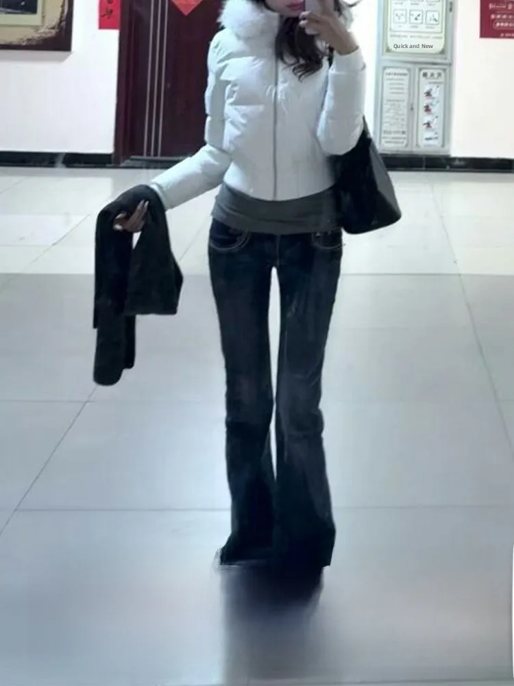 딥 블루 여성 와이드 레그 진 부츠컷 바지 가을 겨울 로우 웨이스트 순색 케이트 디테일 데님 원단 따뜻한 여성복