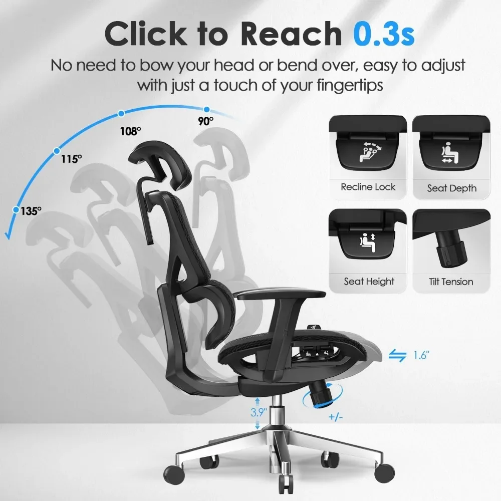 Ergonomic Mesh Office Chair - Seat Depth Adjustable Home Office Desk Chairs with Lumbar Support - Back Height Adjustable