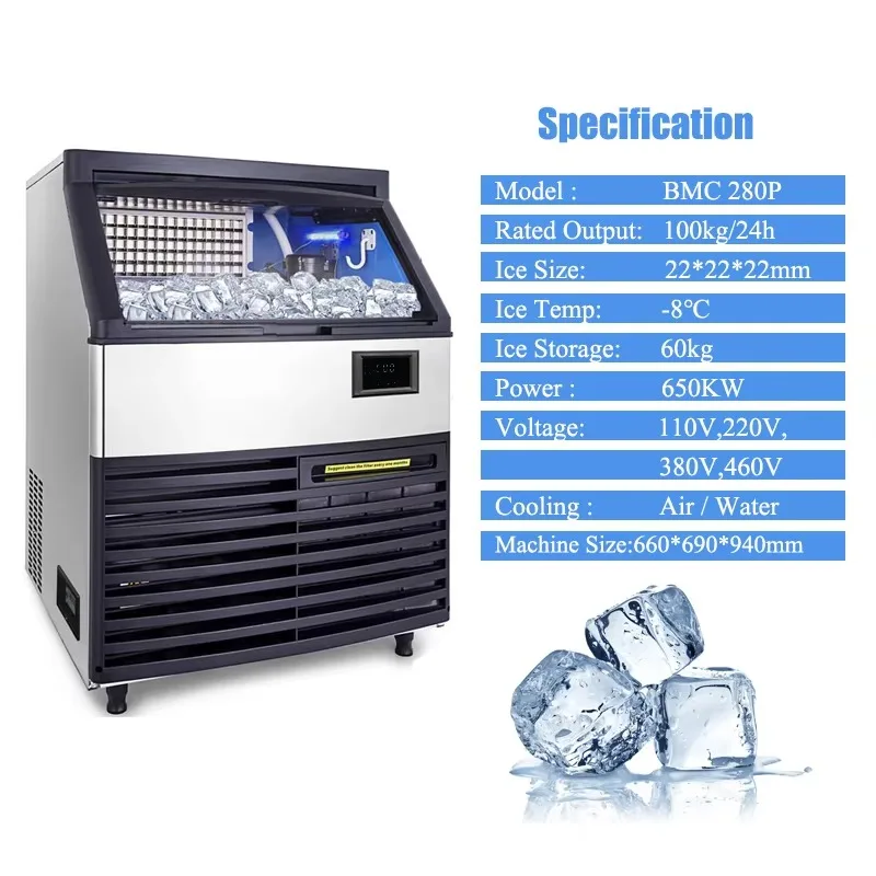 

Water Refrigerator Commercial Large Milk Tea Shop 100kg/Day Small Fully Automatic Ice Cube Making Machine
