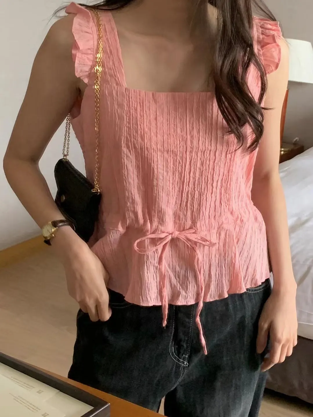 

Chic Summer Shirt Women's Chic Square Collar Pleated Slim Fit Drawstring Waist Sweet Small Top Commute Style Cotton Blend