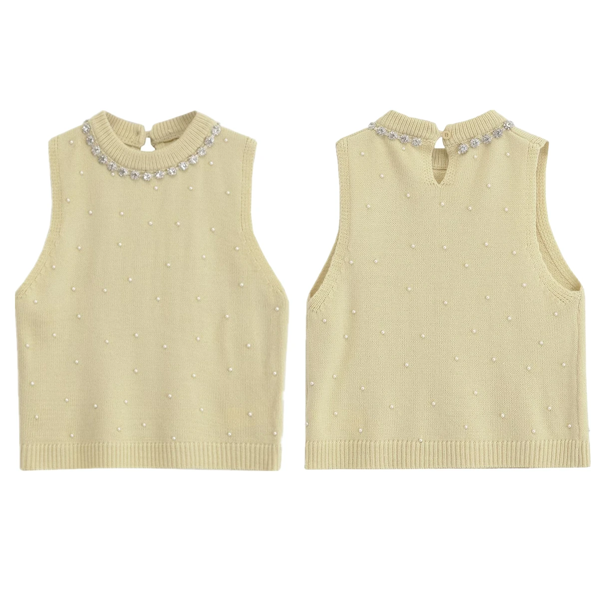 

Maxdutti Light Yellow Knitted Vest Tshirts For Women Artificial Jewellery Tank Tops Summer T-shirt Women