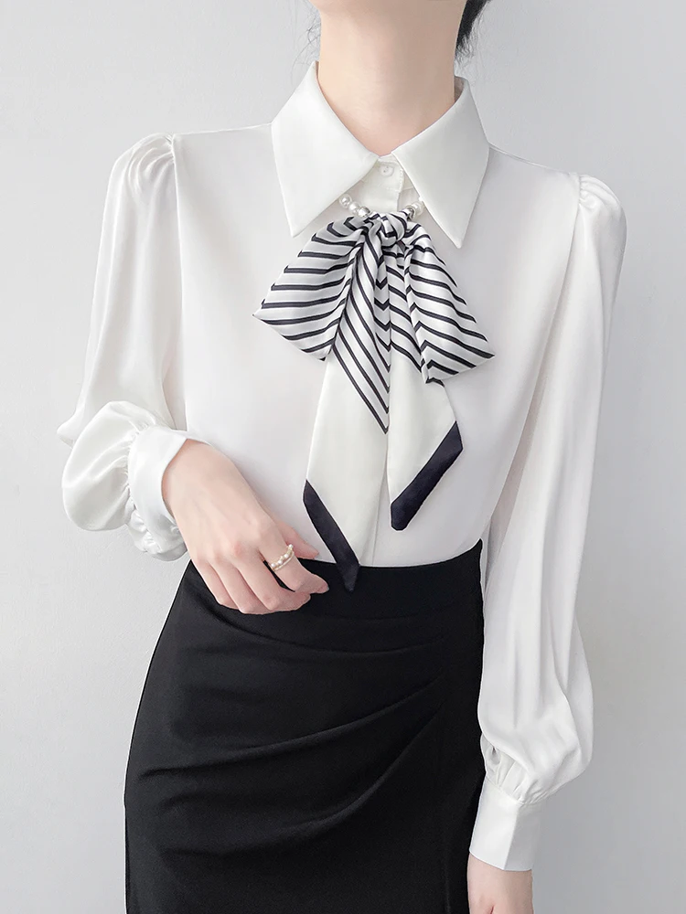 

Korean Sle Long Sve Knot Sa irt Women's Detachable Satin White Work Commute irt Loose Fit OL Sle