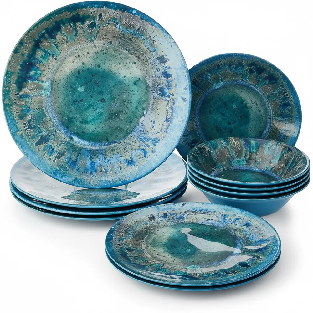 

Набор столовой посуды из бирюзового меламина, 12 предметов — небьющаяся услуга на 4 человека, прибрежная посуда, можно мыть в посудомоечной машине