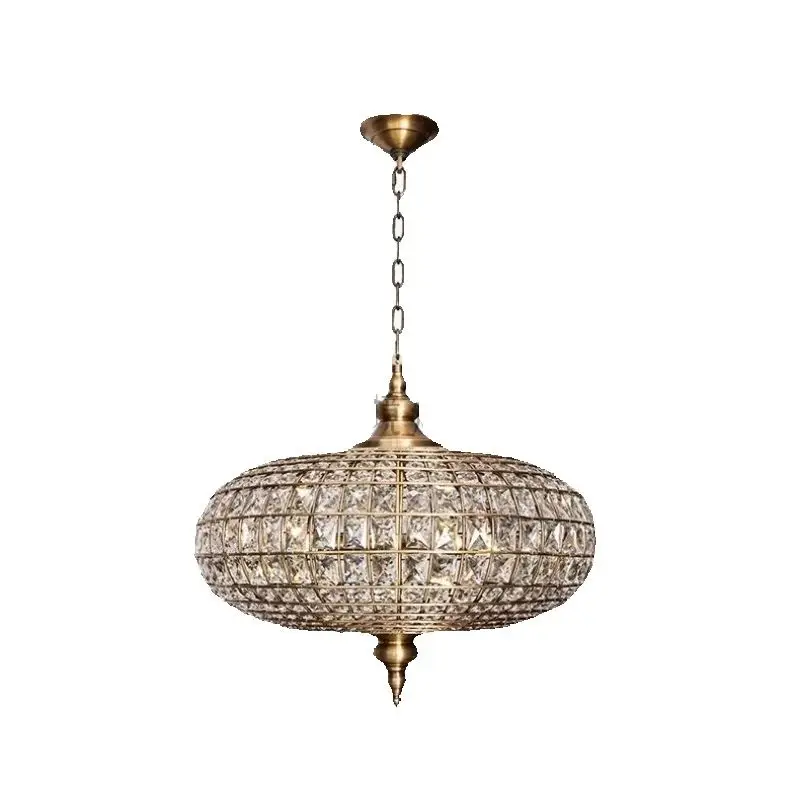 

Y French retro crystal living room pendant light, American style all copper villa art, high-end dining room light
