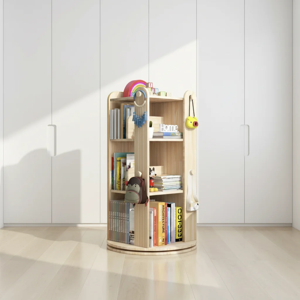 Wooden Modern Rotating 4-Shelf Eco-Friendly Kids Bookshelf With White Board 360 Degree Storage Organizer For Bedroom Living Room
