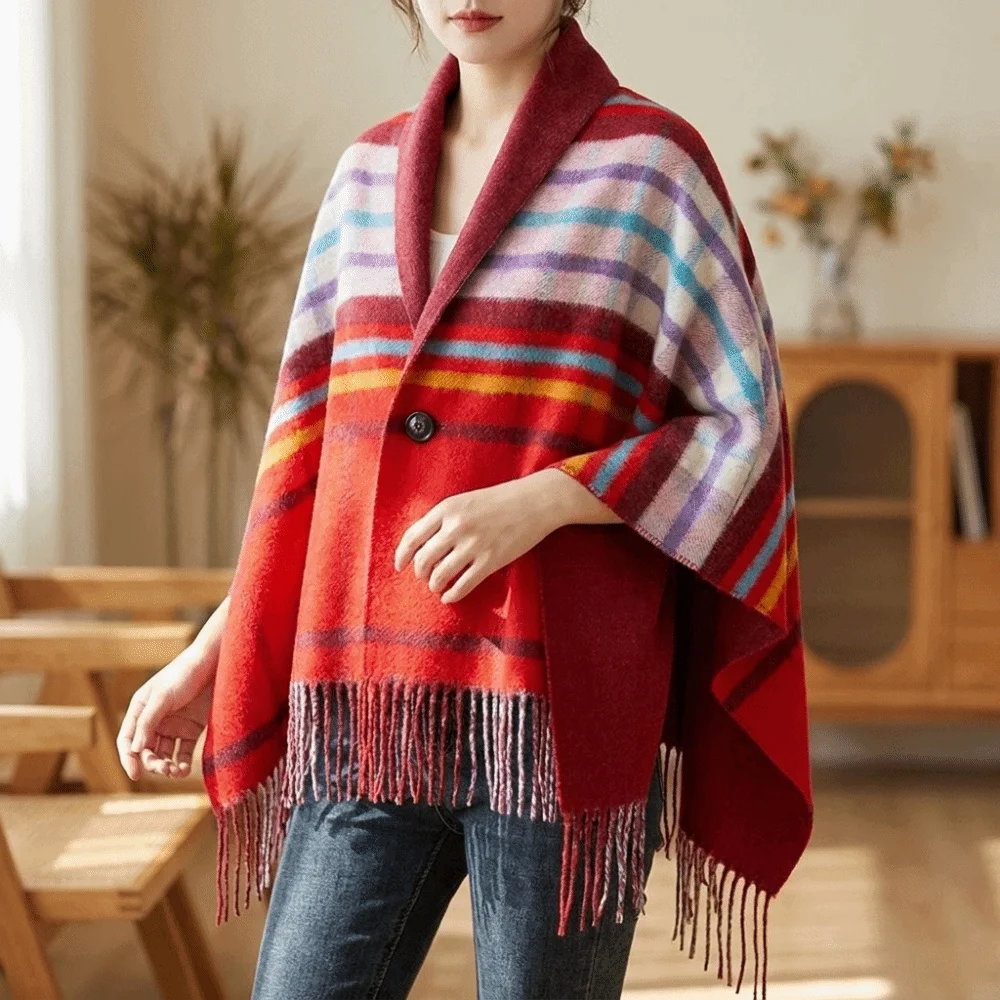 Multi-Functional Double‑Sided Plaid Poncho Shawl Thick Knit Faux Wool Blanket Shawl Tassel Trim Button Closure