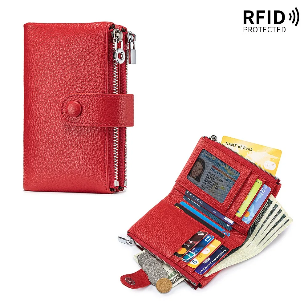 RFID Blocking Pebble Grain Leather Short Wallet Snap Button Double Zipper Purse ID Window Multi‑Slots for Cards Coins Cash
