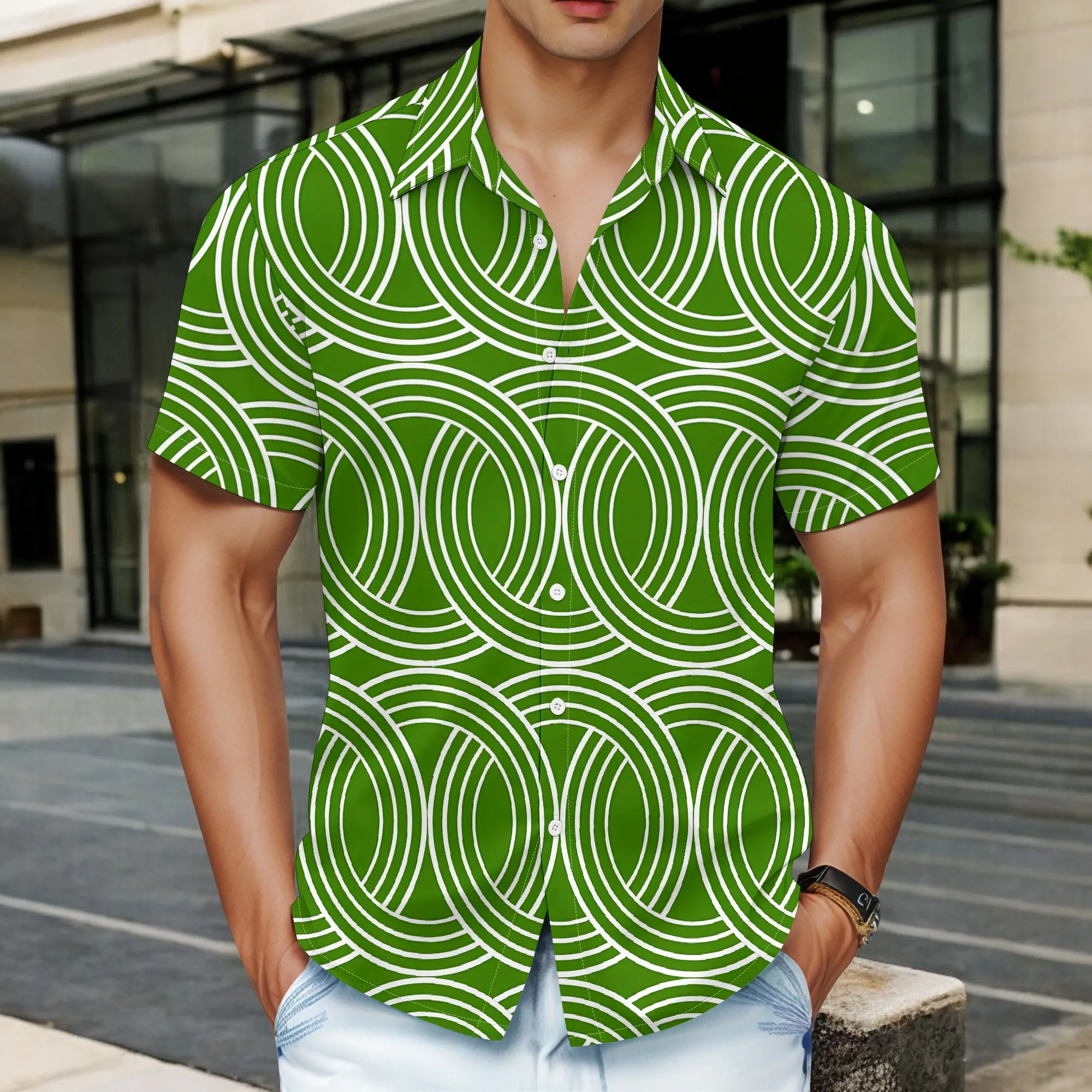 

YEAE Green Interlocking Circle Print Shirt for Men Summer Casual Short Sleeve Top