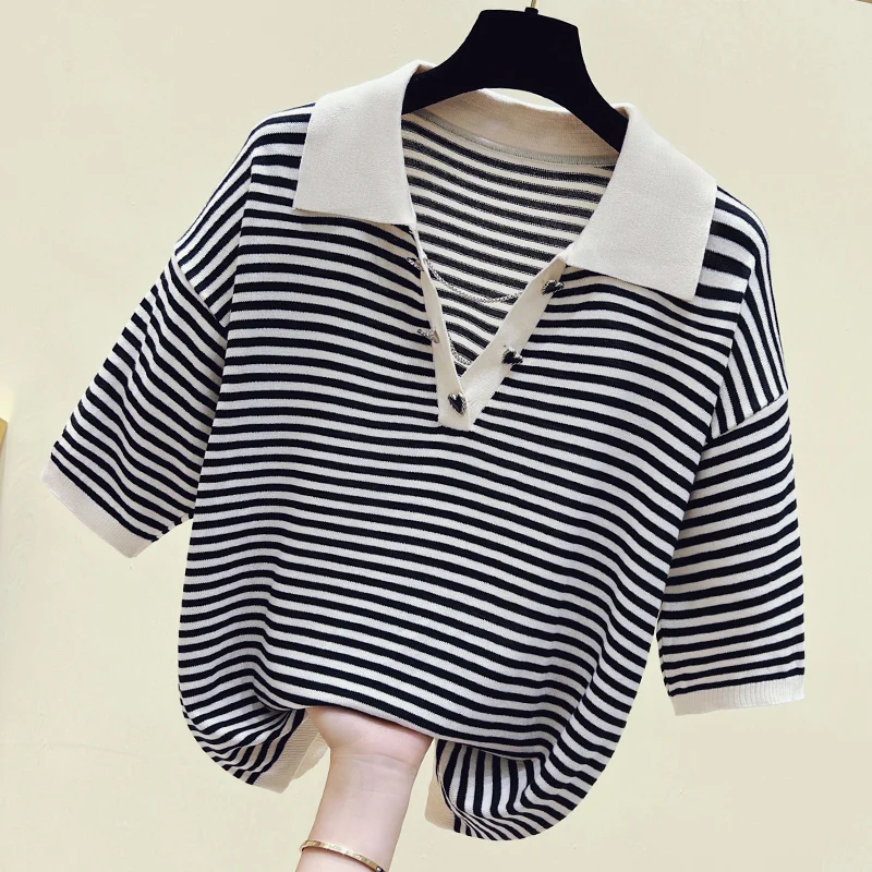 Ice Silk Loose Knitted Sweater For Women 2023 Summer Short Sleeve Beaded Collar Knitwear Elegant Fashion Stripe Pullover Top