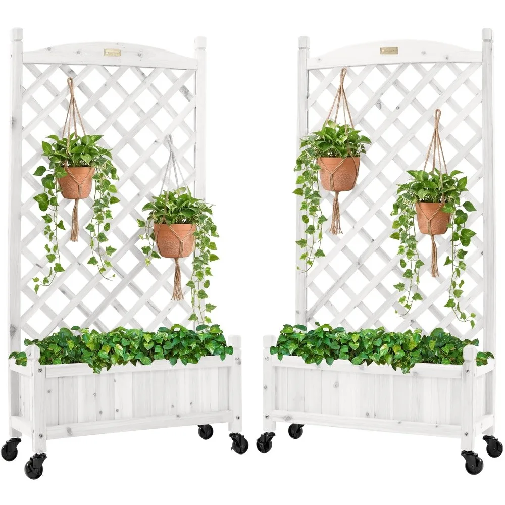 Set of 2 48in Wood Planter Box & Diamond Lattice Trellis Mobile Outdoor Raised Garden Bed for Climbing Plants