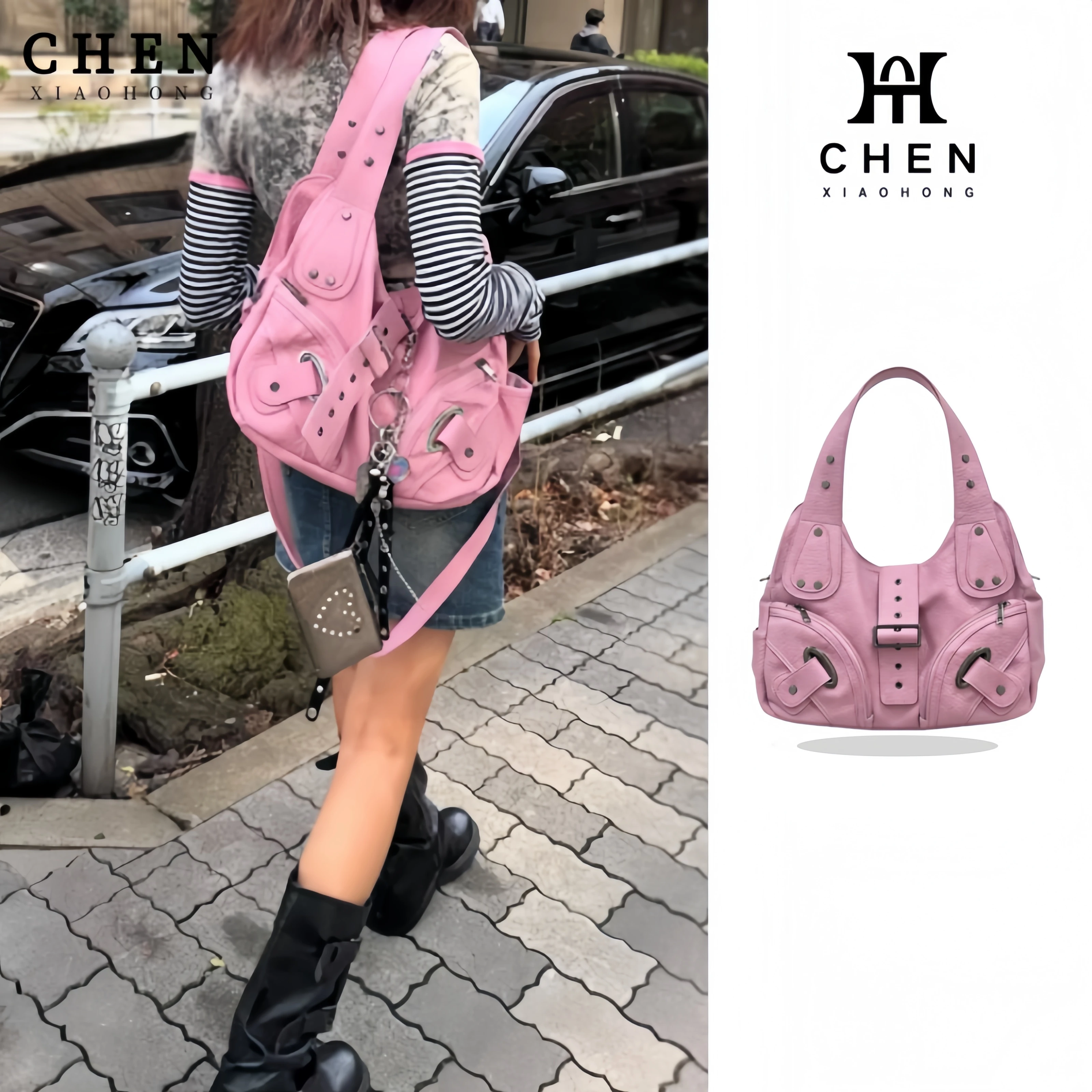 

Сумка-хобо из розовой искусственной кожи с текстурой под камень, в стиле Y2K гранж, весна 2026, женская, с множеством металлических пряжек и заклепок, с множеством карманов, для повседневного использования, вечеринок, в наличии