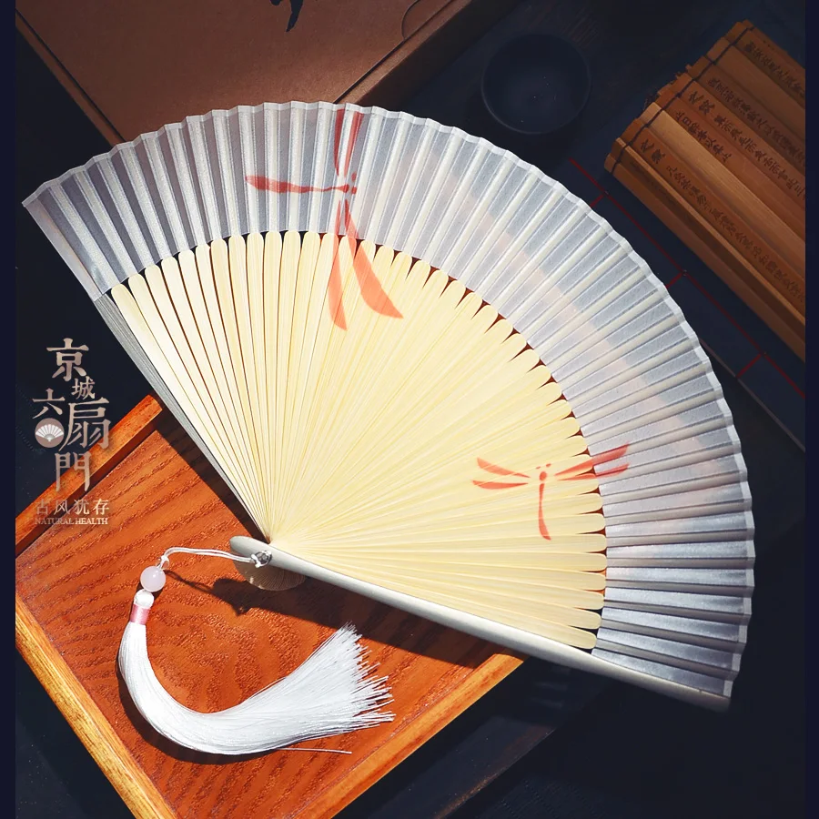 

Chinese style gray dragonfly pure color silk bamboo fan summer Japanese folding fan folding women's dance dance fan