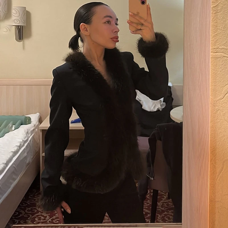 Tornova Women's Retro Fur Splice 2-Piece Skirt & Top Set