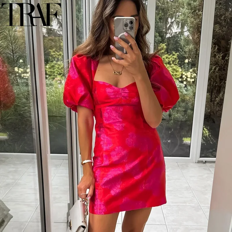 TRAF Women's Dress Summer Jacquard Short Dress Women Floral Elegant Party Dresses Puff Sleeve Mini Dress Cut Out Backless Dress