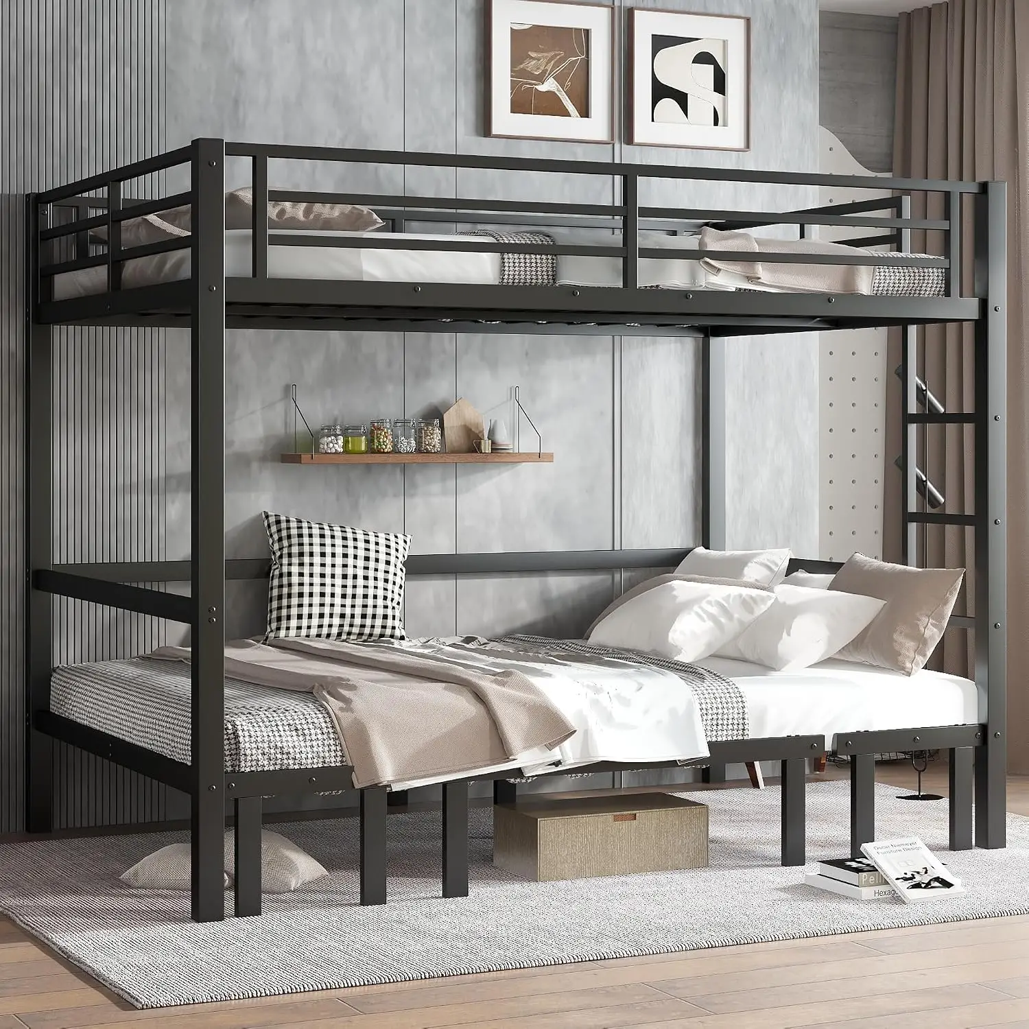 Queen Over Queen Metal Bunk Bed Frame, Lower Bed Can Be Pulled Out in Three Sections, Loft Bed with Couch Sofa,, Customized