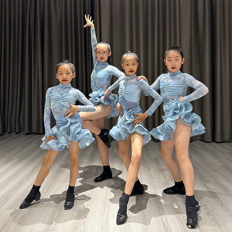 아동 라틴 댄스 의상 2025 신상 여아 가을 겨울 연습복 세트 고급스러운 댄스 드레스