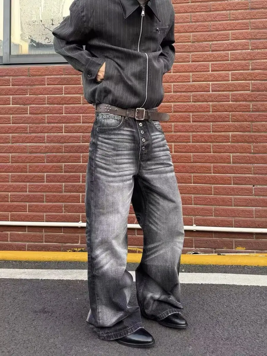 Men's Single Breasted Design Retro Black Gray Jeans Wide-leg Denim Trousers Boys Bottom High Waist Sweatpants Male Casual Pants