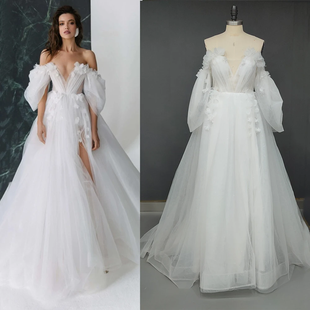 Off The Shoulder Puffy Tulle Wedding Dress Princess Drop Sleeves High Thigh Split Lace 3D Flowers Vestido De Noiva Bridal Gowns