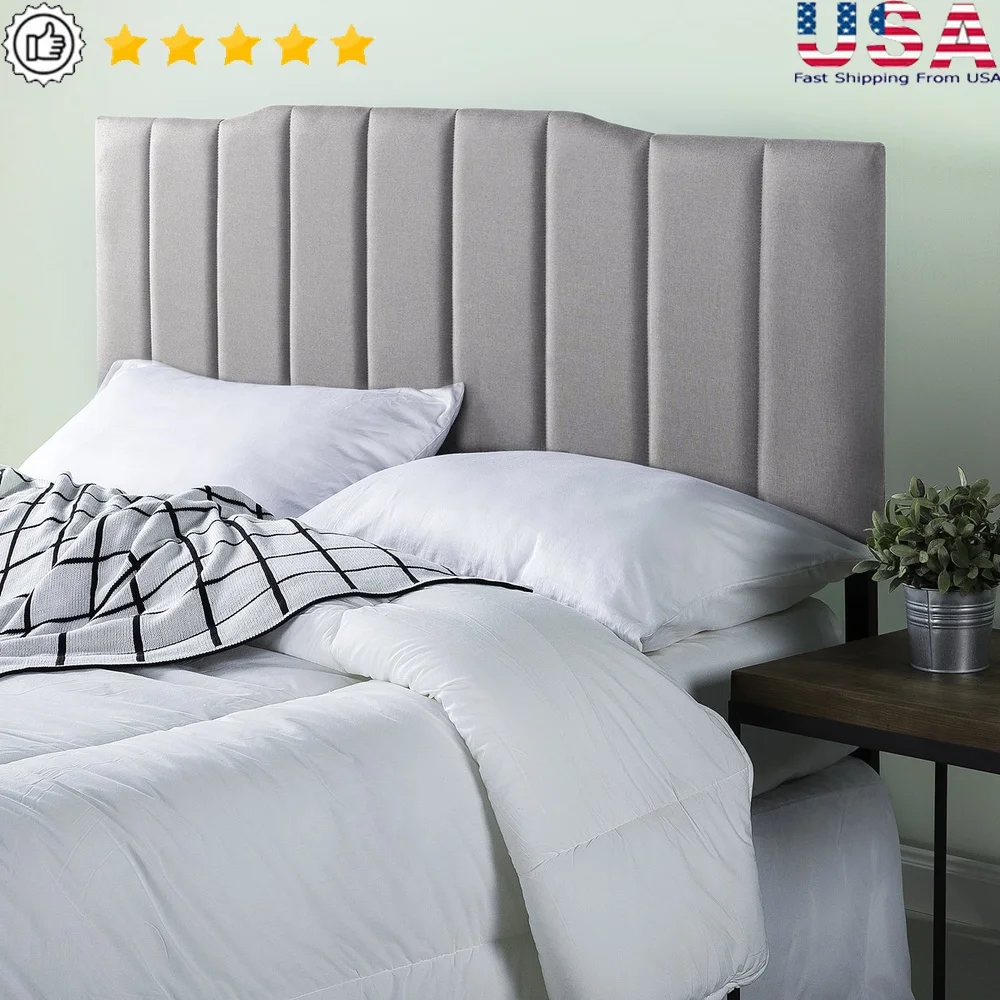 

Upholstered Metal Headboard Full Size Channel Stitched Foam Padding Adjustable Height Vertical Tufting Bedroom Furniture Easy