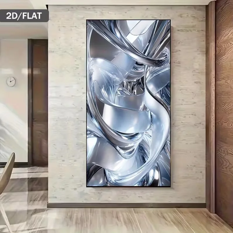 Modern Abstract Wall Art Featuring a Frameless Silver Metallic Design, Measuring 39.37 by 78.74 Inches Or 100 by 200 Centimeters