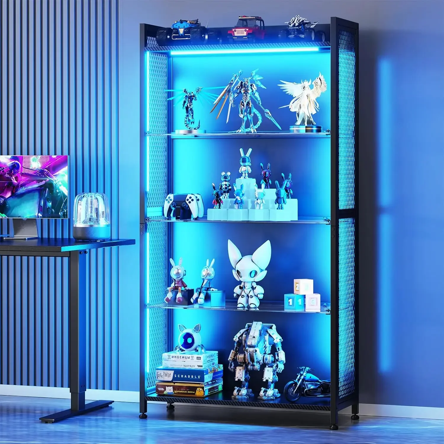 USA Stock Display Case With Glass Shelves & Rgb Lights, 4-Tier Display Cabinet | Led Display Shelf With Industrial Metal Mesh &