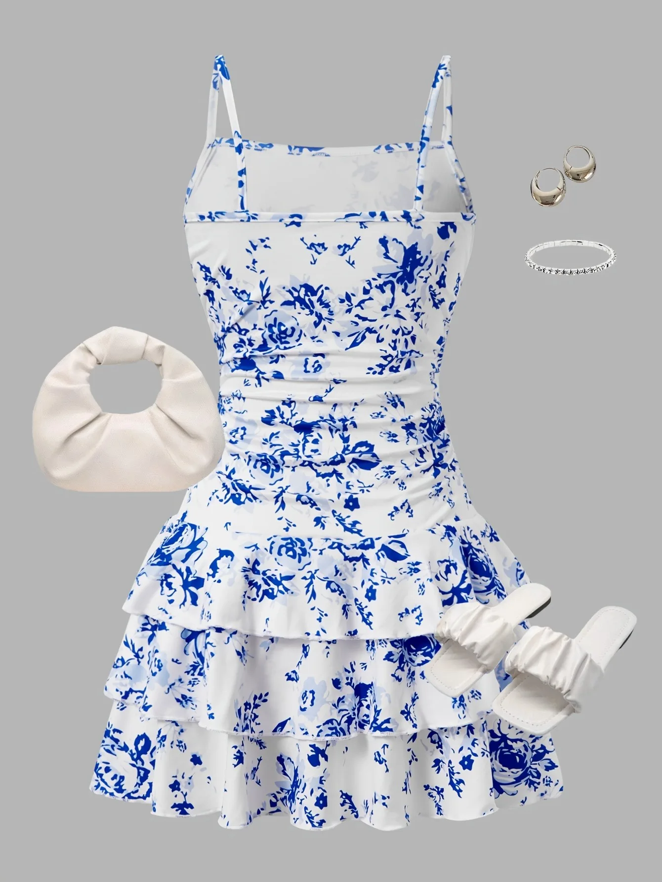 Kids Girls Blue Floral Print Cami Dress Ruched Waist Tiered Ruffle Hem Sundress Summer Beach Vacation Casual Outfit