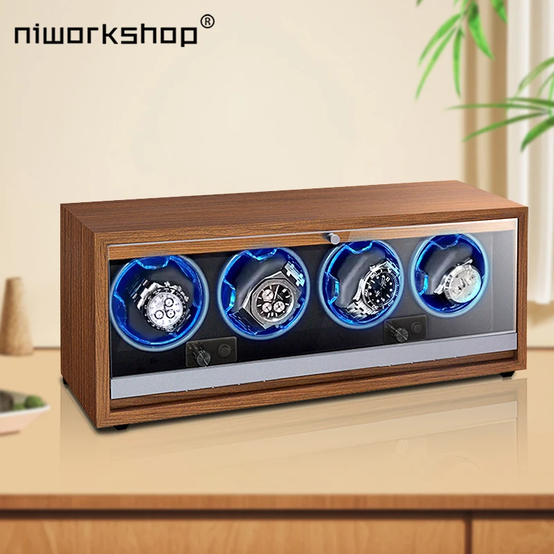 Niworkshop 4 Slots  Automatic Watch Winder, Wooden Watch Box,with LED Light, Super Quiet Motor,4 Rotation Modes