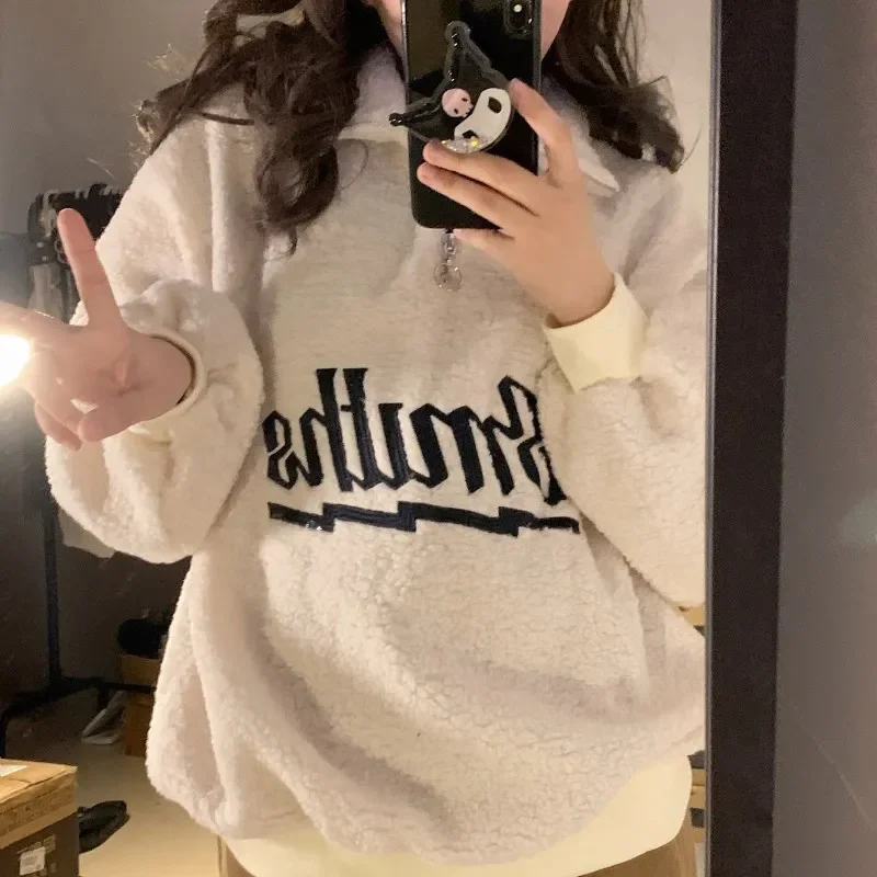 Warm Thicken Zipper Stand Collar Hoodie Women Casual Long Sleeve Pullover Tops Korean Embroidery Letter Plush Sweatshirt Outwear