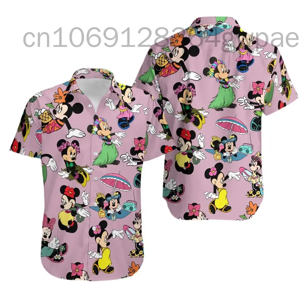 Minnie Mouse Hawaiian Shirt Women's Men Short Sleeve Beach Shirt Disney Casual Party Button Up Hawaiian Shirt Fashion Streetwear