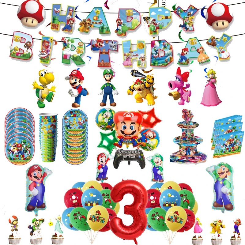 Super Marioed Bros Birthday Party Decorations Disposable Tableware Napkin Tablecloth Foil Balloons Sticker Baby Shower Supplies