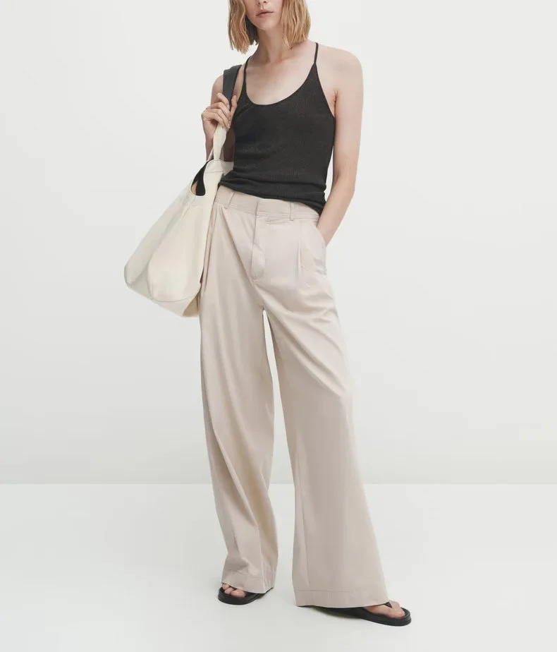 Comfortable Casual Wide Leg Pants for Women Mixed Fiber Folded Front Lazy Style High Waist Pocket Detail Commute Style