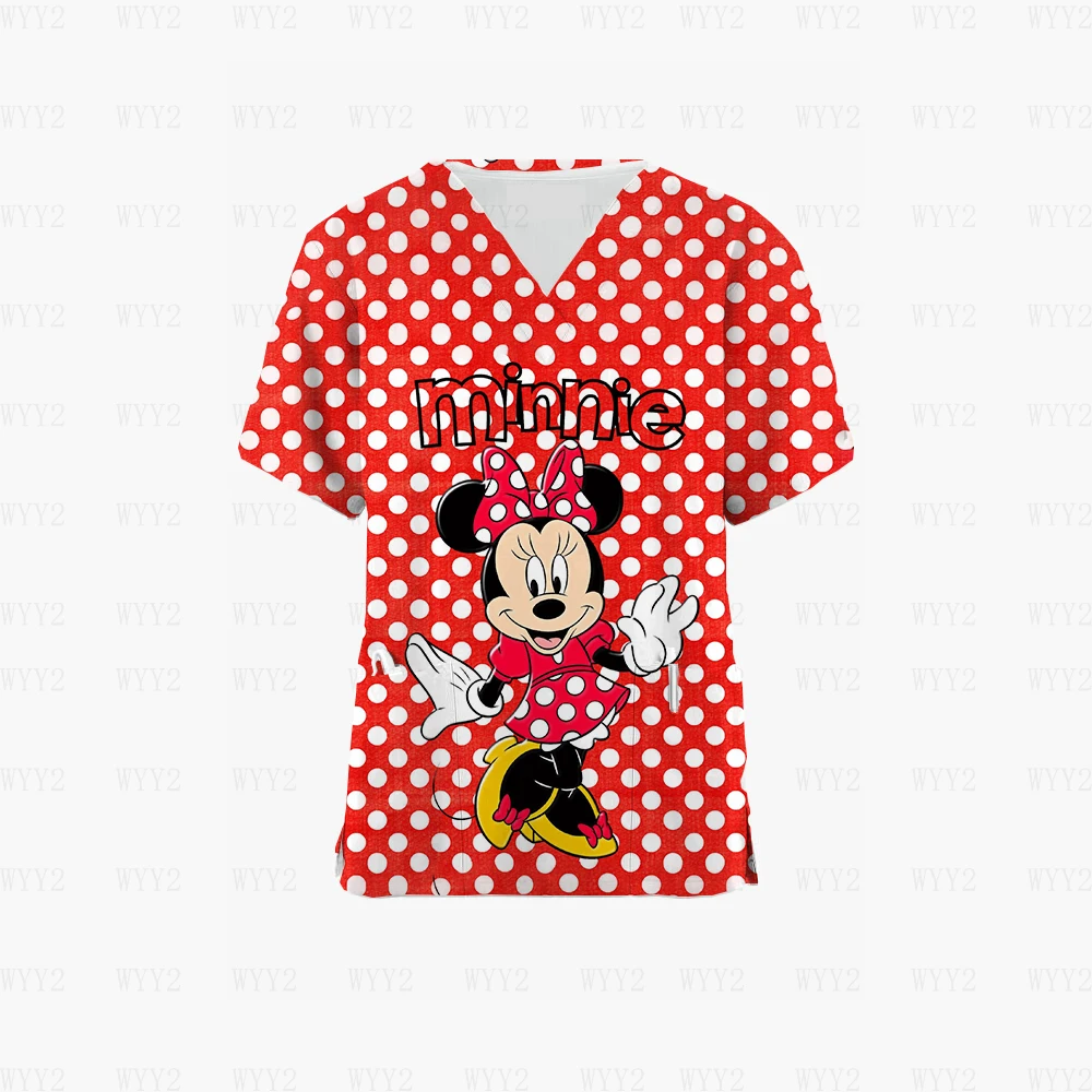 2024 Disney Minnie Print Kurzarm Krankenschwester Uniform Mode Arbeit Uniform Uniform Sommer V-ausschnitt Tasche Medizinische Uniform