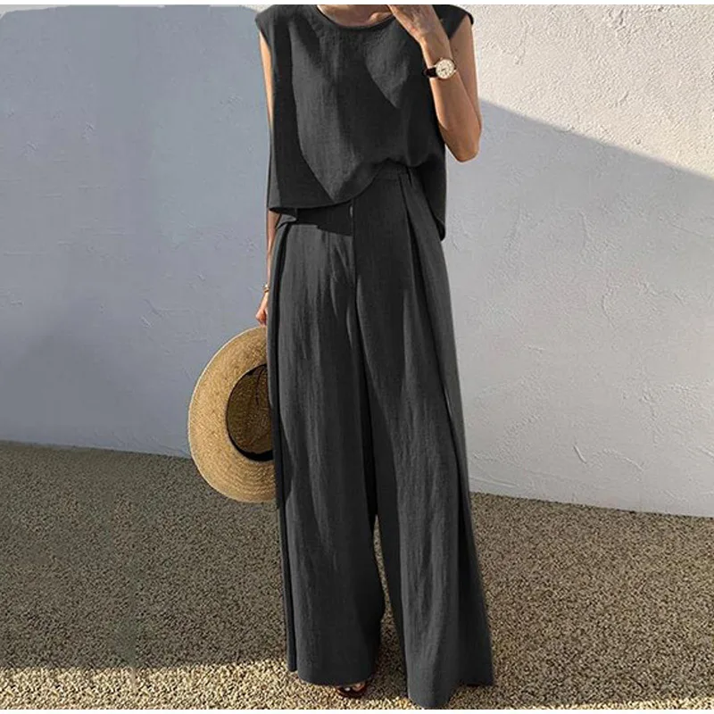 Women Cotton Linen Suits Summer Sleeveless O-Neck Tank Top Wide Leg Pants Two Piece Sets Female Fashion Casual Solid Loose Suits