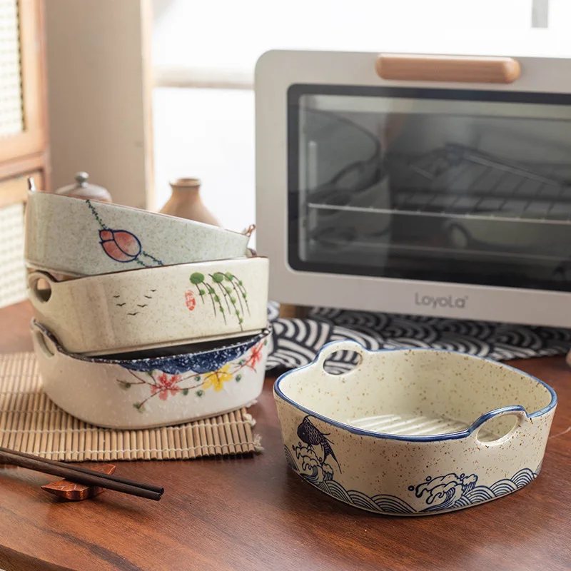 Vintage 7Inches Home Ceramic Salad Bowls Underglaze Round/Square Deep Bowls With Handle Kitchen Dutable Oven Bakeware Dinnerware