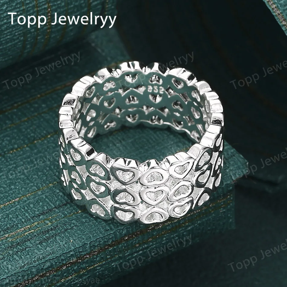 New 925 Sterling Silver 7-10# Hollow Out 3-Row Heart Ring - Fashionable, Women's, Charming, Party, Christmas, Jewelry, Gift