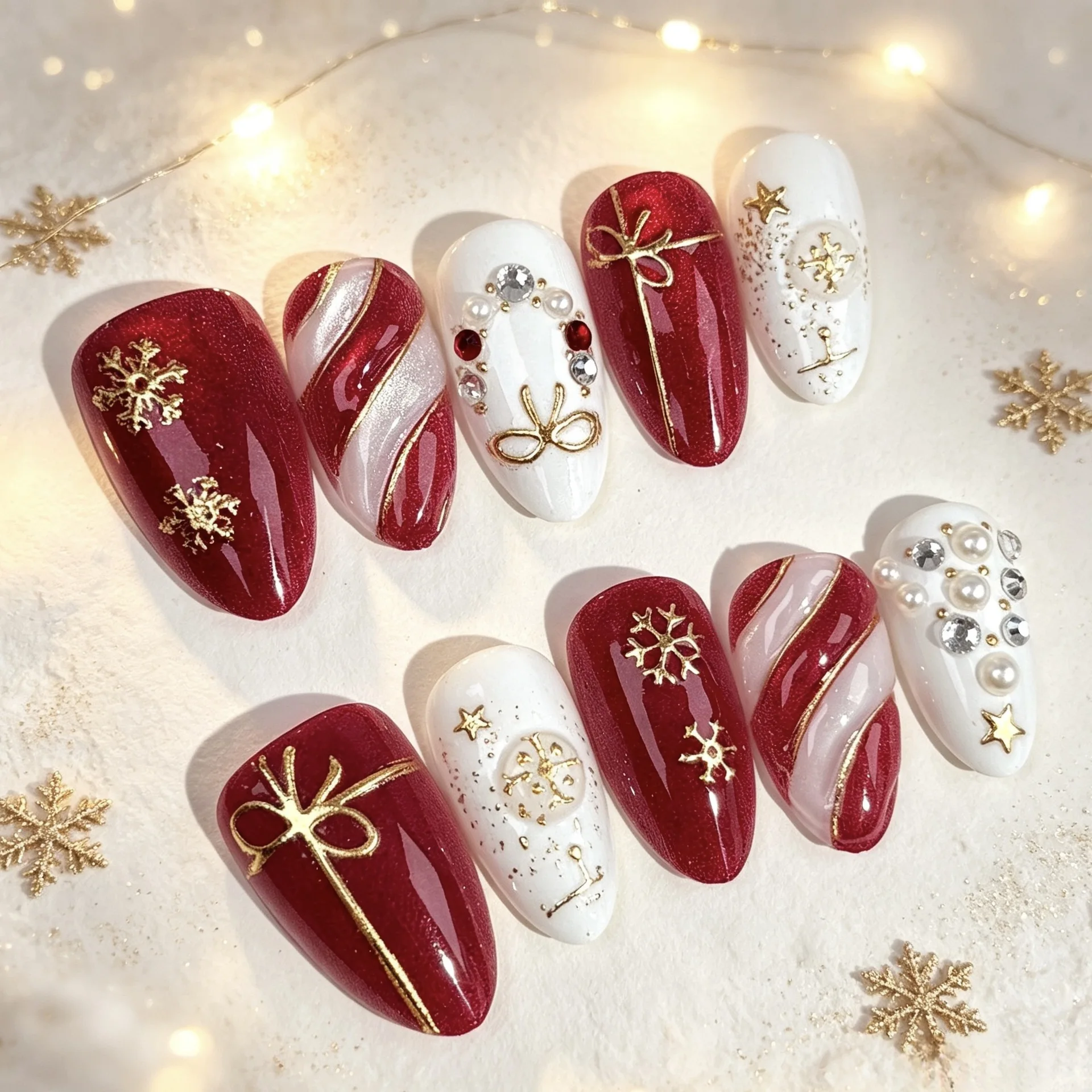 24Pcs Christmas Red White Gilded Stripe False Nails Bow Snowflake Diamond Press on Fake Nails Almond Wearable Stick on Nail Tips