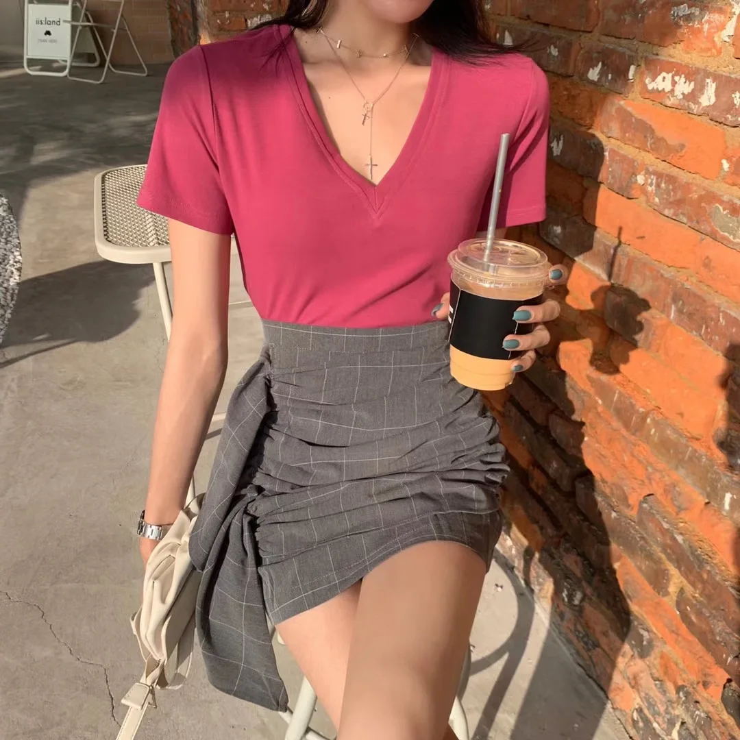 Sexy V-Neck Short Sleeve T-Shirt Women's Simple INS Popular Back Design Splice Quality Commute Style Retro Artistic Summer Re...